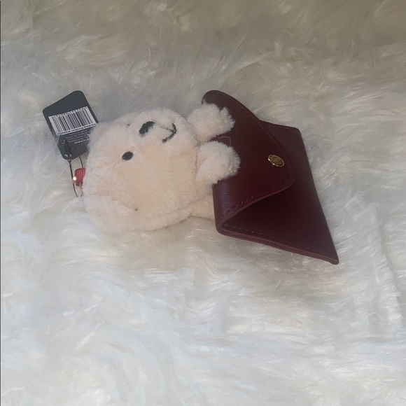 Ivory Plush Bear Keychain with Burgundy Faux Leather Pouch Bag Card Holder Charm - Picture 3 of 6